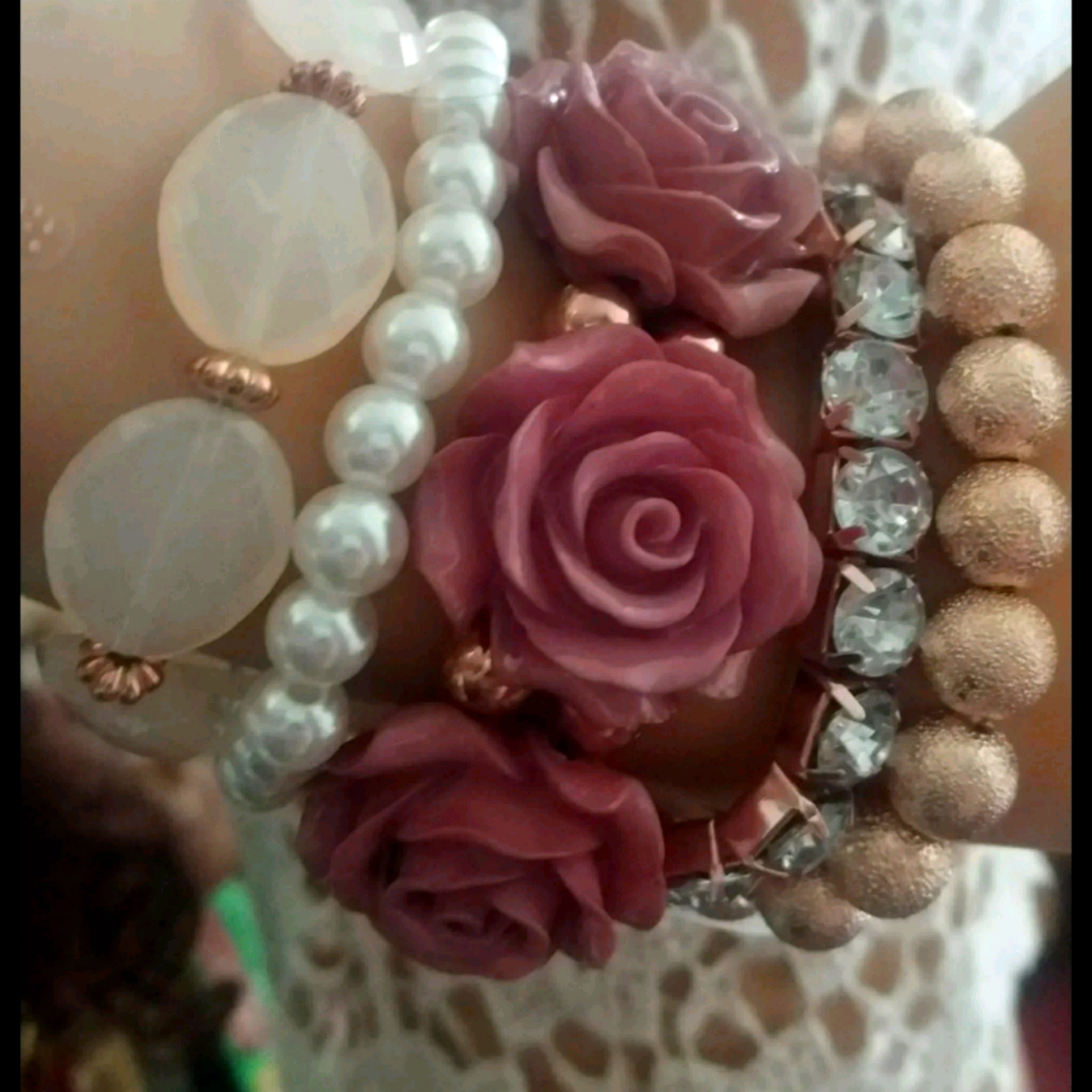 5 Pc Multy Stranded Crystal Rose Pearl Bracelet